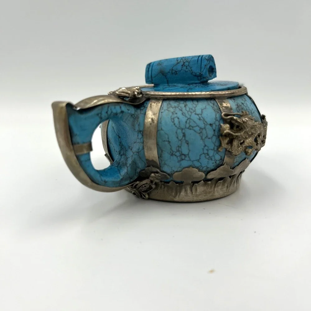 Oriental Turquoise Miniature Teapot with Silver Accents Dragon Phoenix